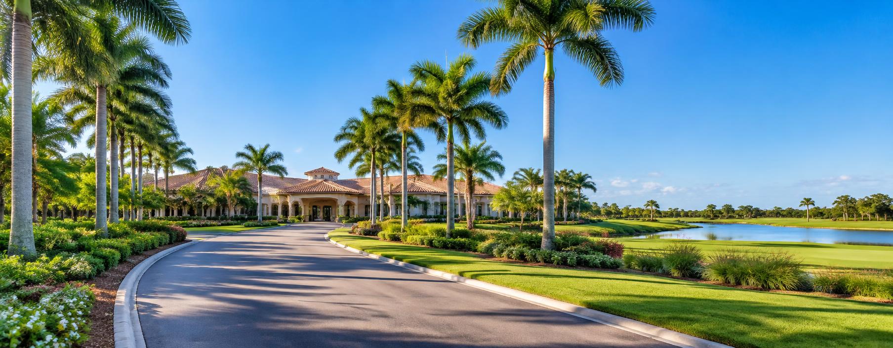 Editorial representation of a palm-lined golf community in Fort Myers