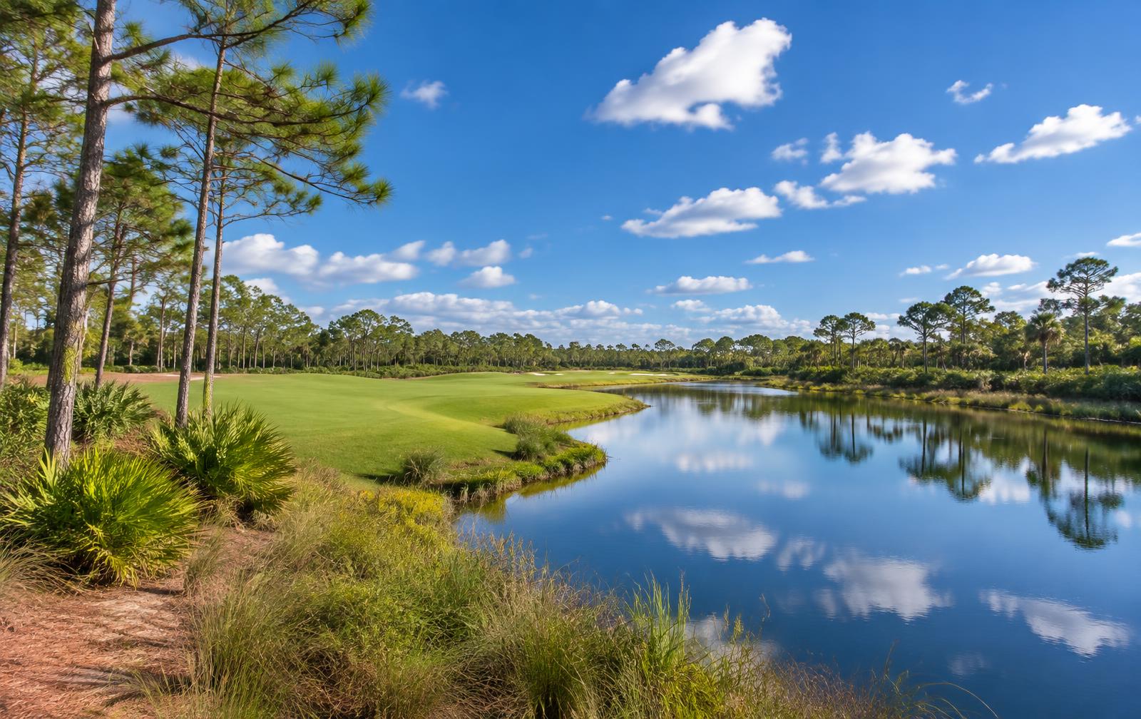 Pine flatwoods and calm lake along the Colonial Country Club golf course