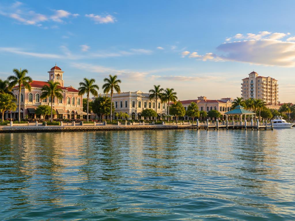 Editorial view of a palm-lined Southwest Florida riverfront