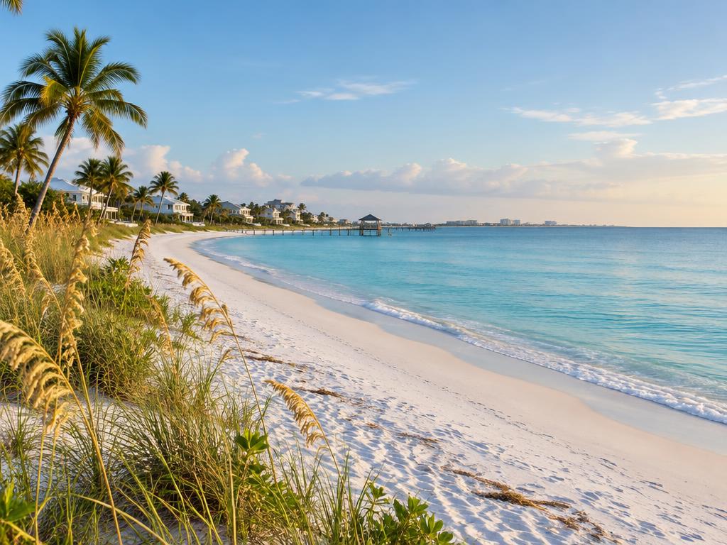 Editorial view of a quiet white-sand Gulf beach in Southwest Florida