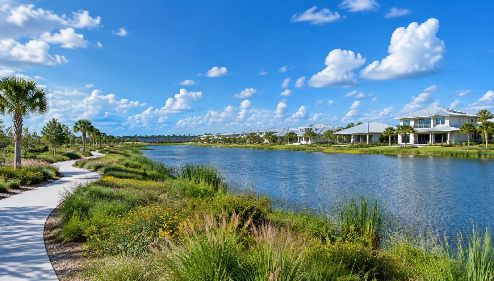 Editorial representation of lakefront town living at Babcock Ranch