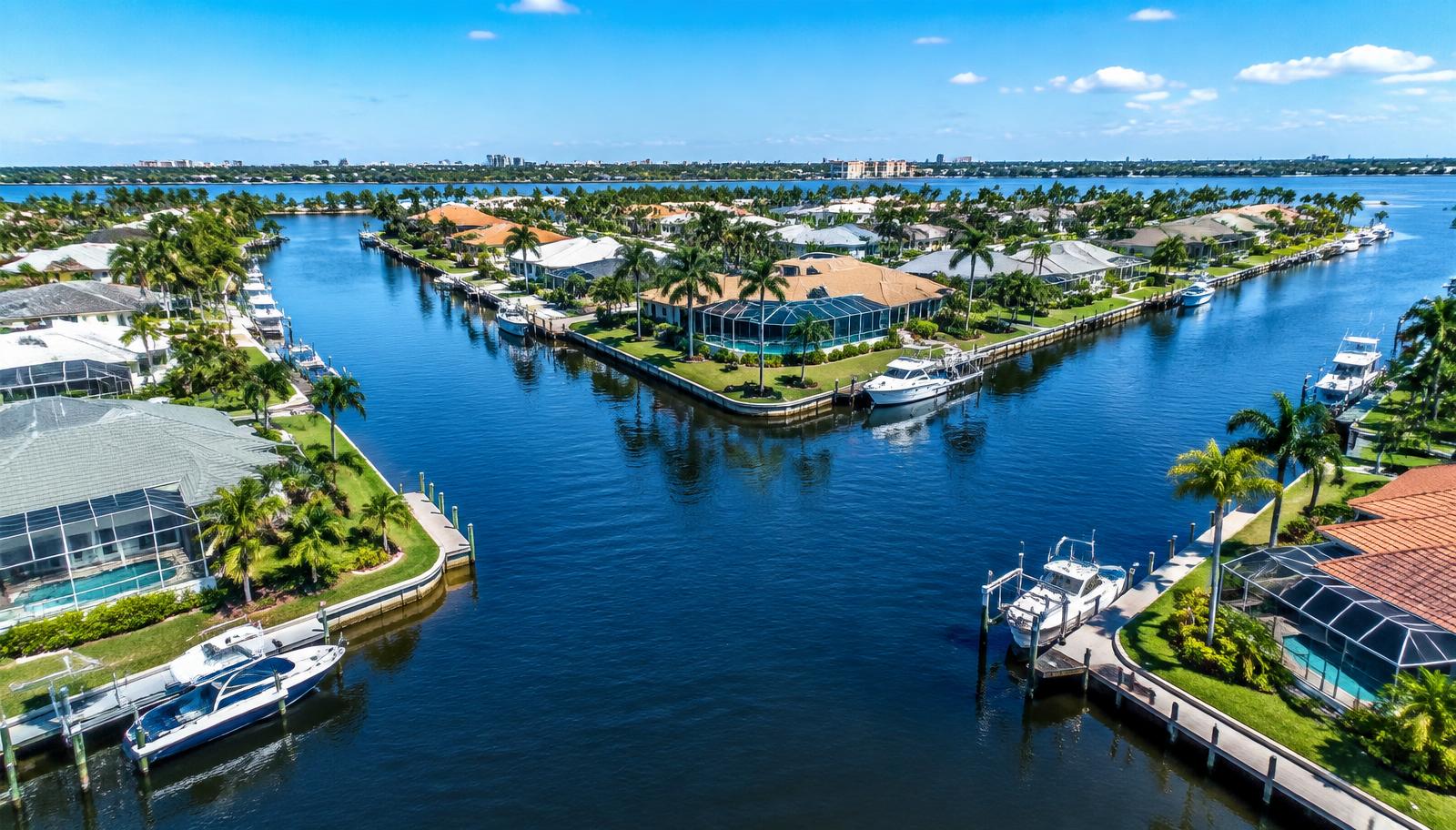 Editorial aerial representation of Cape Coral canal living