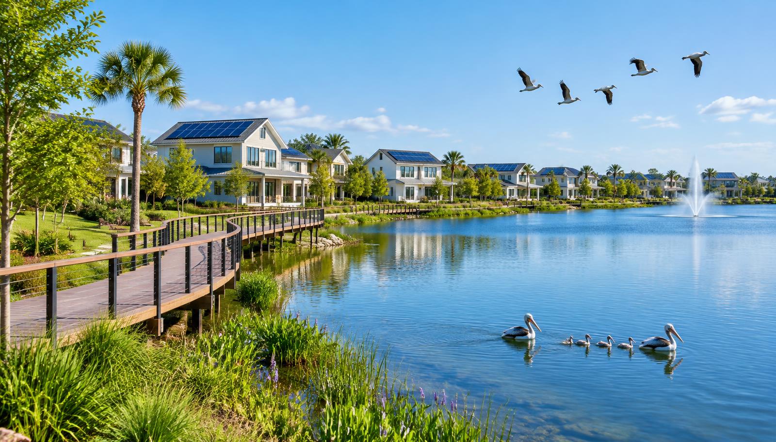 Editorial representation of lakefront town living at Babcock Ranch