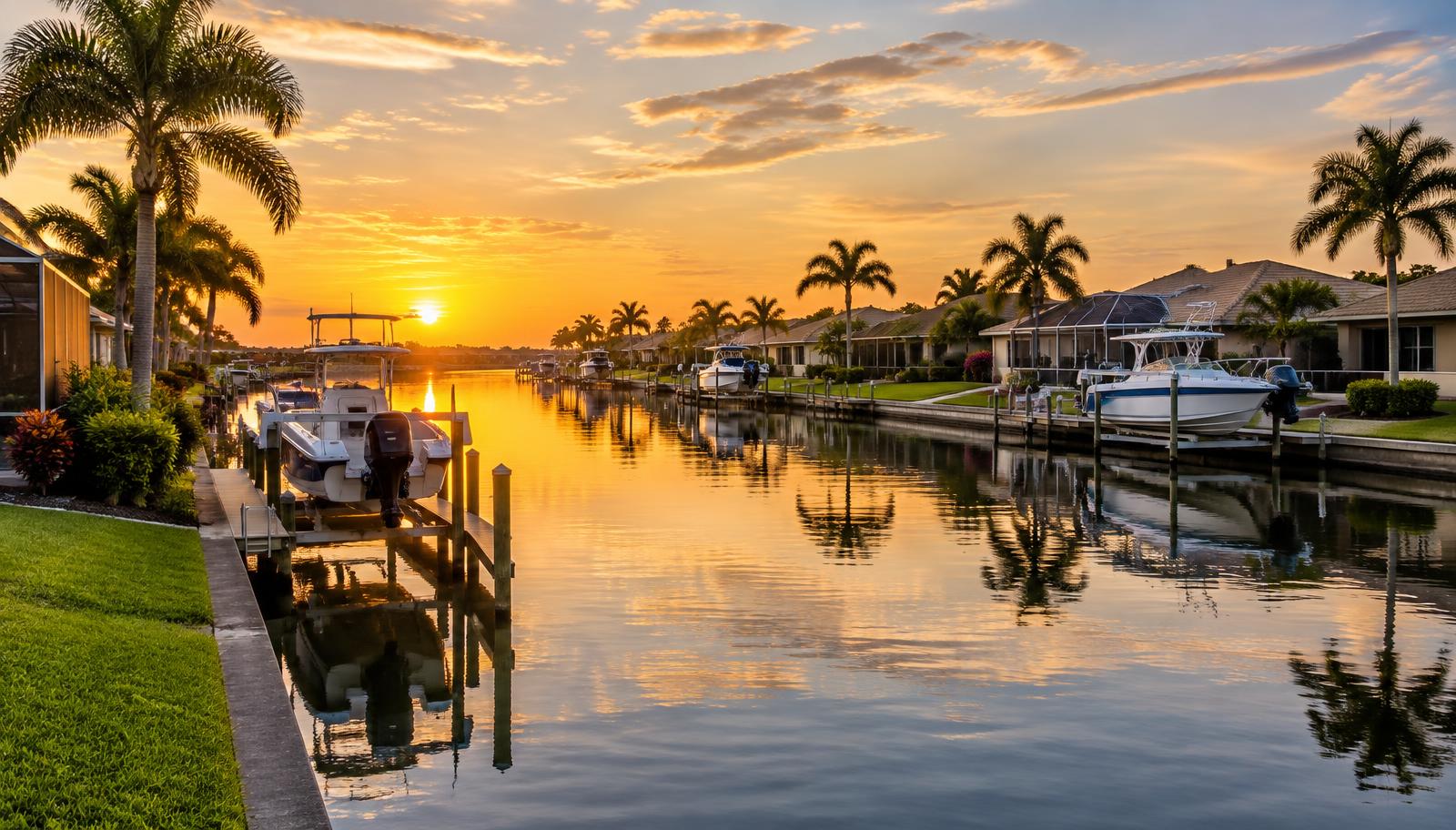 Editorial aerial representation of Cape Coral canal living