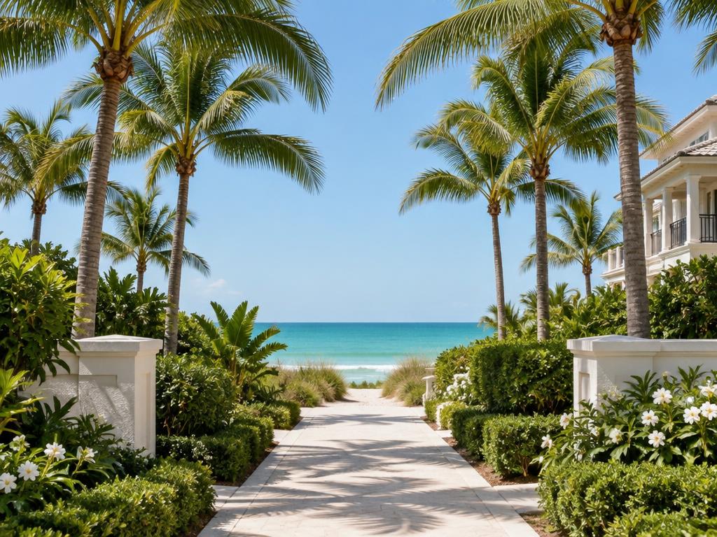 Palm-lined path leading to the Gulf in Naples, Florida